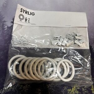 Ikea SYRLIG 1" Curtain Ring Set (10-pack w/‎ Hooks & Clips) White NEW